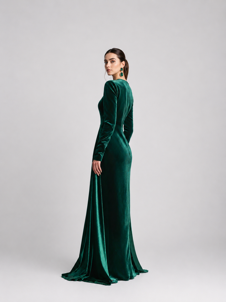Long-sleeve velvet gown with draped waist – ENERALS