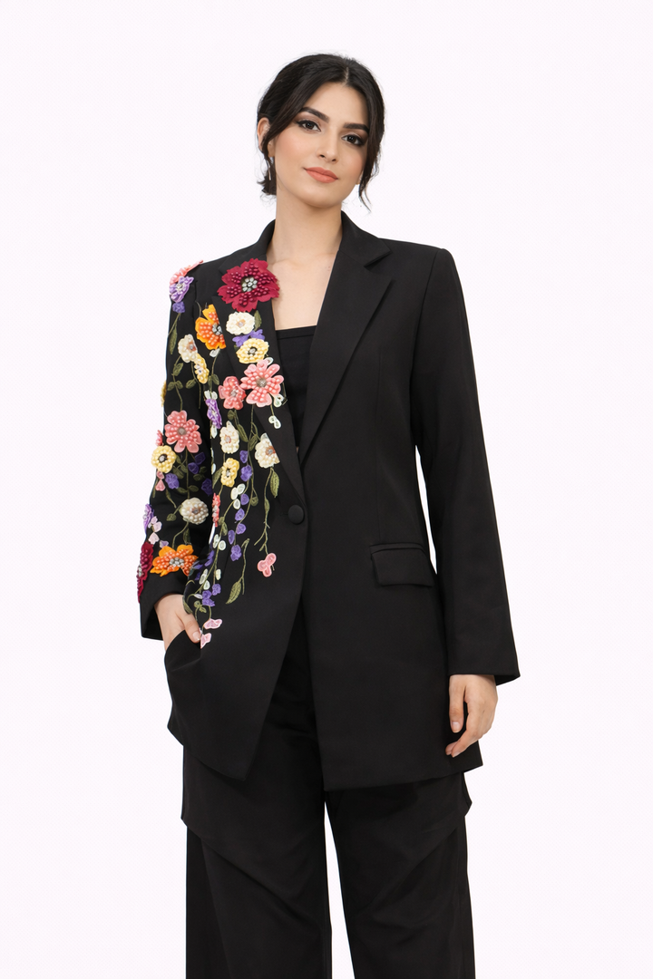 tailored blazer with hand-embellished floral sleeve – FLOREA