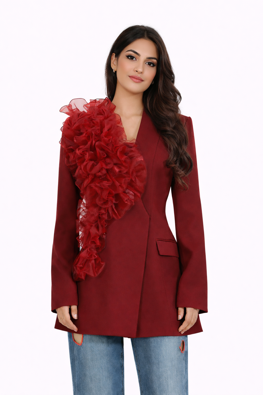 tailored blazer with dramatic ruffle detail – RUBINA