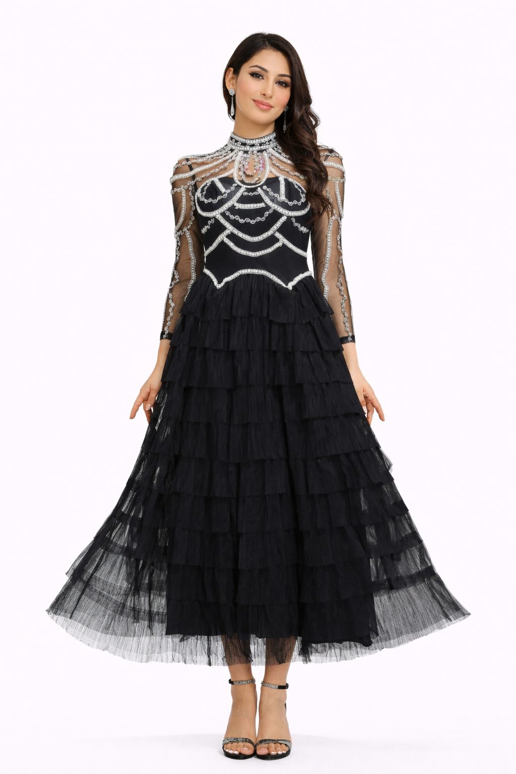 embellished high-neck tulle maxi dress with tiered skirt – SERAPHINA