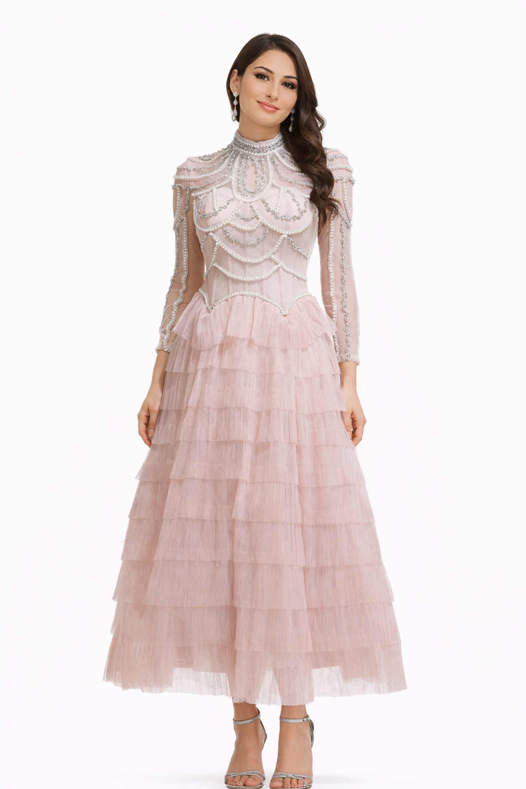 embellished high-neck tulle maxi dress with tiered skirt – SERAPHINA