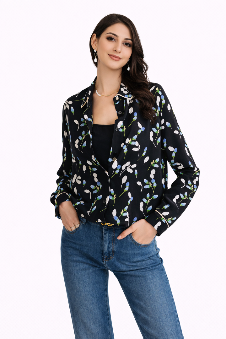 printed button-down blouse with contrast piping – FLORIA