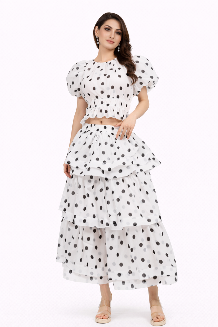 Polka-Dot Puff-Sleeve Tiered Skirt Set – LUMI