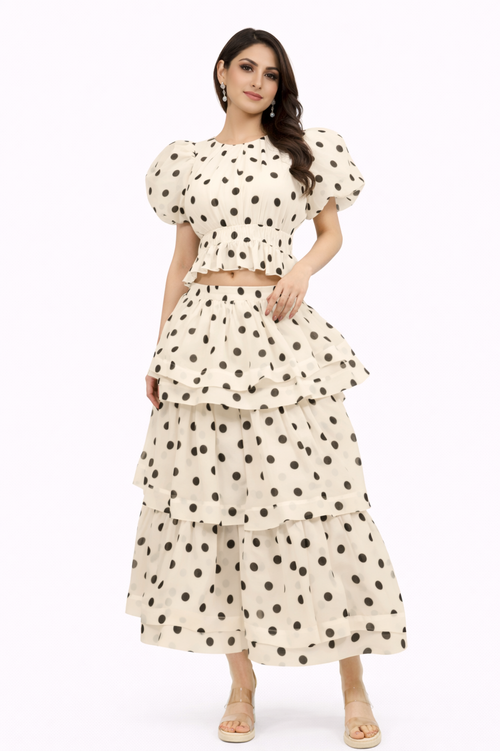 Polka-Dot Puff-Sleeve Tiered Skirt Set – LUMI