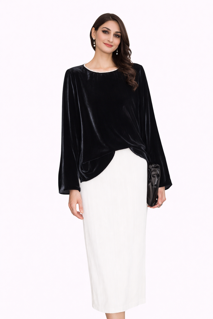 velvet blouse with pearl-trim neckline – NOIRELLE