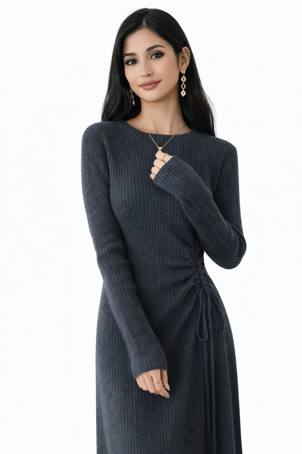 ribbed knit midi dress with adjustable side tie – CHARCOA
