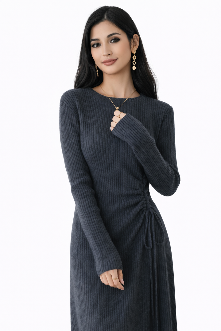 ribbed knit midi dress with adjustable side tie – CHARCOA