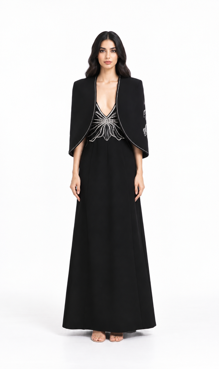Plunging Neckline Gown with Embroidered Cape - STELLA