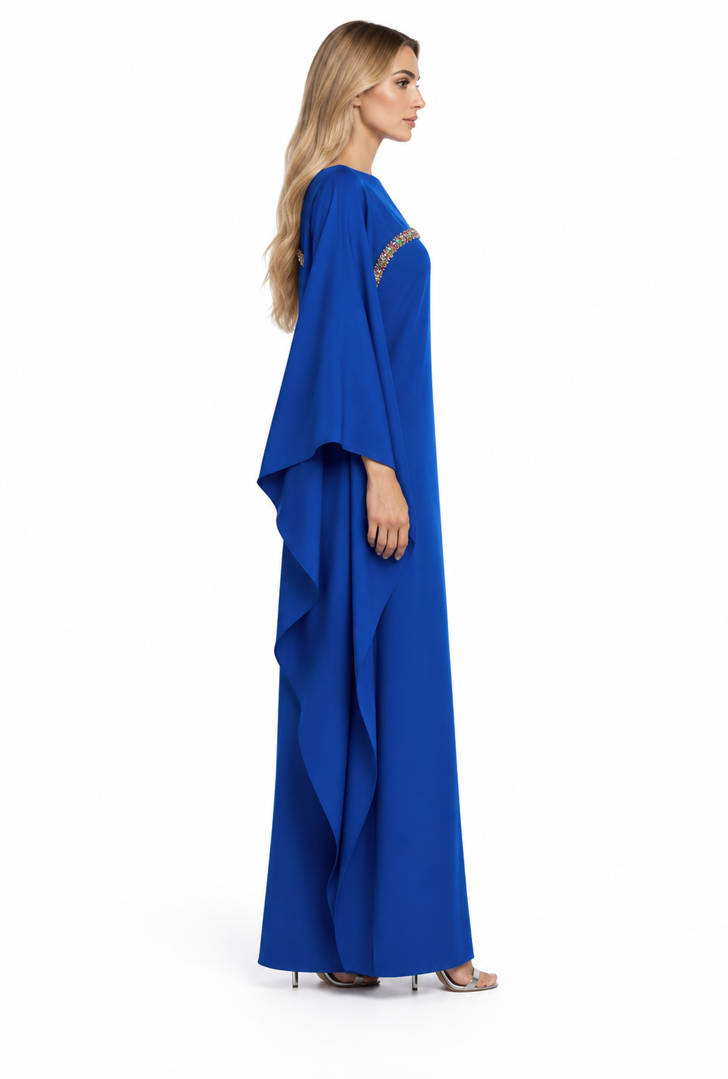 Boat-neck column dress with embellished draped cape - Tracy