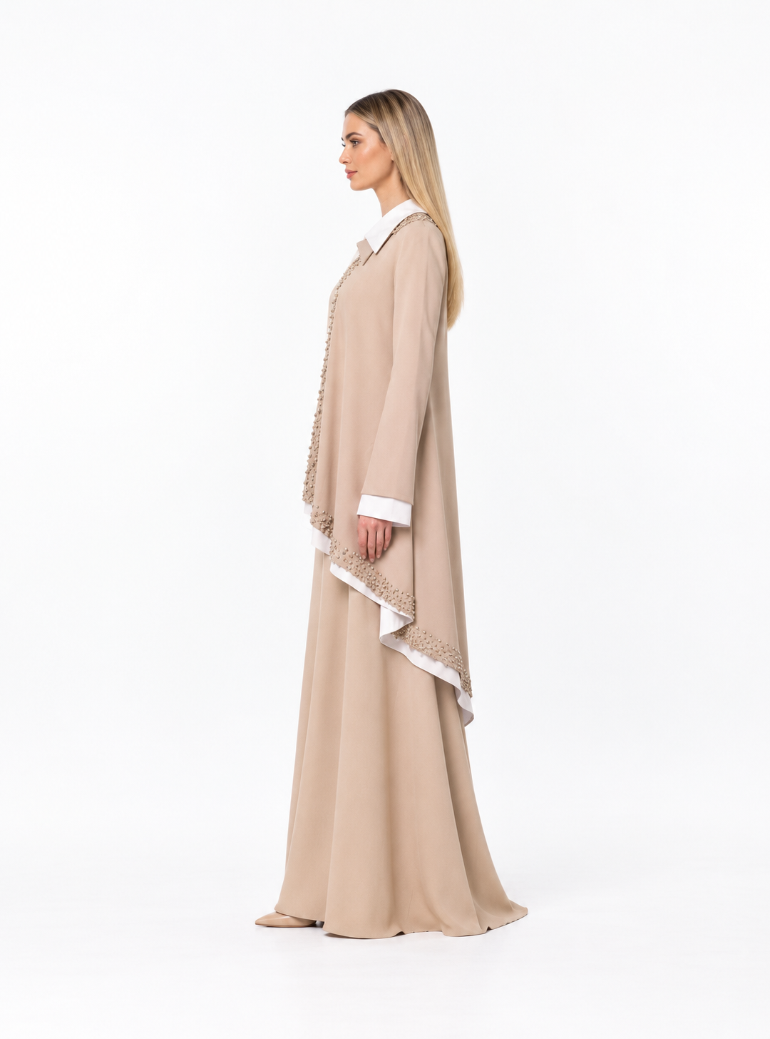 Long Sleeve Asymmetric Dress with Beaded Draped Detail - SANTA
