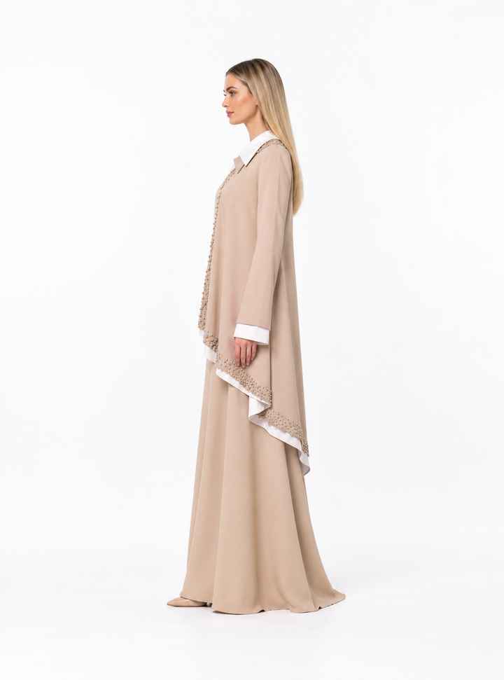 Long Sleeve Asymmetric Dress with Beaded Draped Detail - SANTA