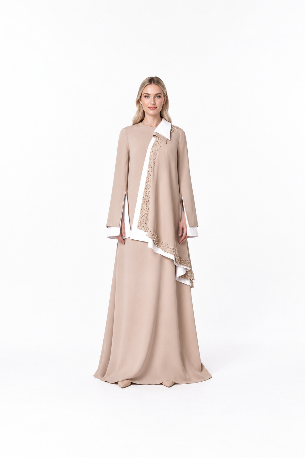 Long Sleeve Asymmetric Dress with Beaded Draped Detail - SANTA