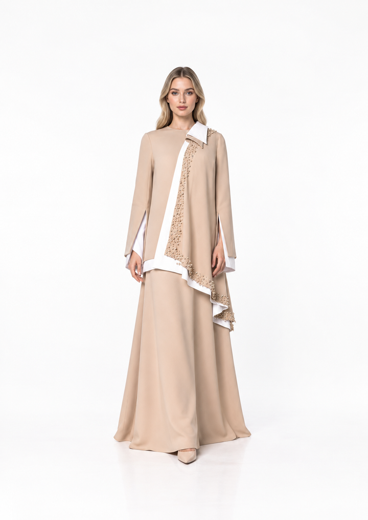Long Sleeve Asymmetric Dress with Beaded Draped Detail - SANTA