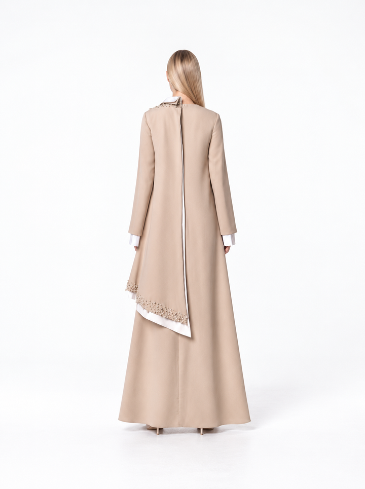Long Sleeve Asymmetric Dress with Beaded Draped Detail - SANTA