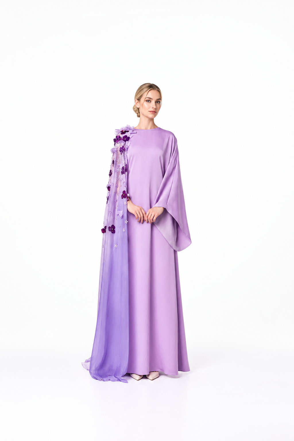 Long Sleeve Dress with Floral Appliqué Draped Cape - LILI