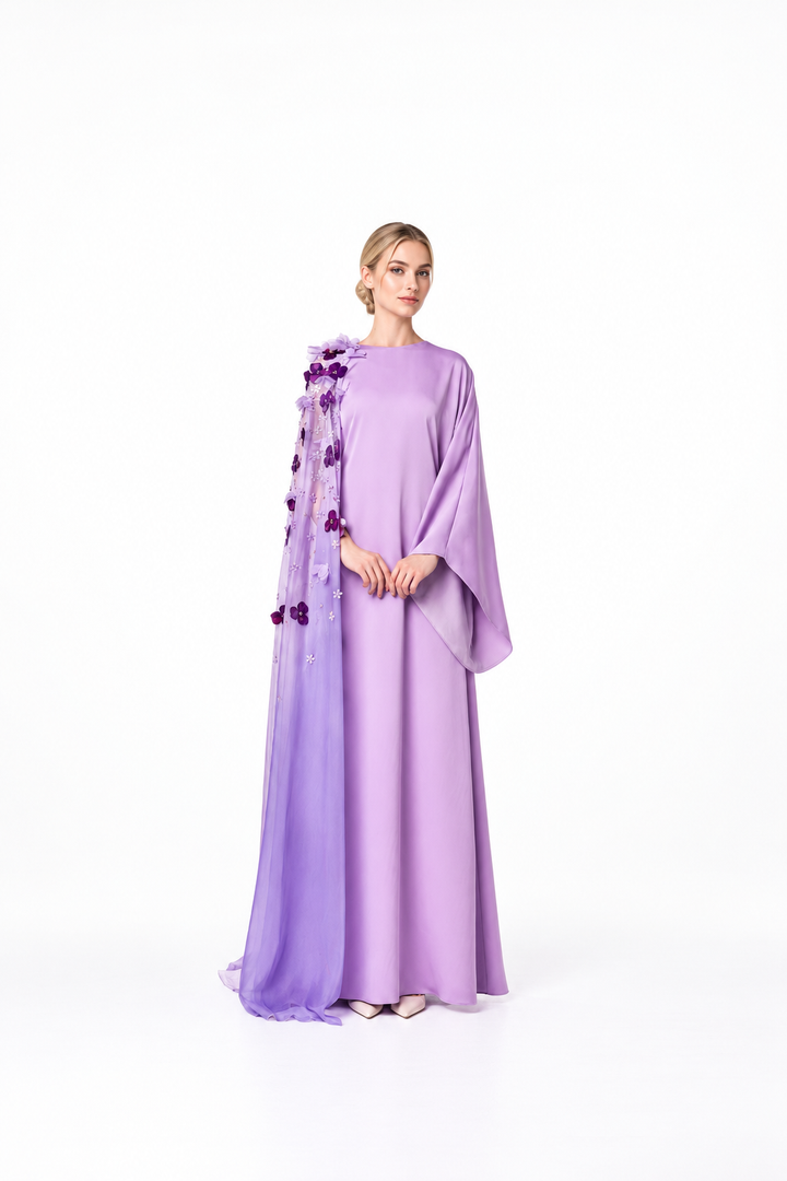 Long Sleeve Dress with Floral Appliqué Draped Cape - LILI