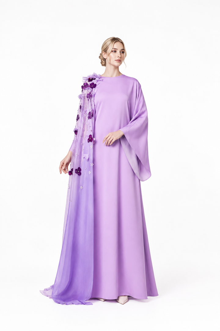Long Sleeve Dress with Floral Appliqué Draped Cape - LILI