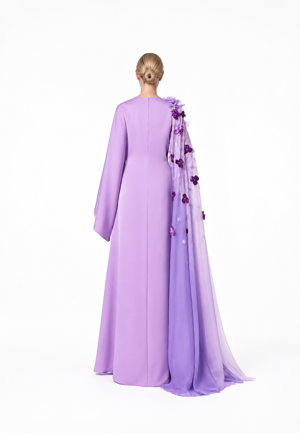 Long Sleeve Dress with Floral Appliqué Draped Cape - LILI