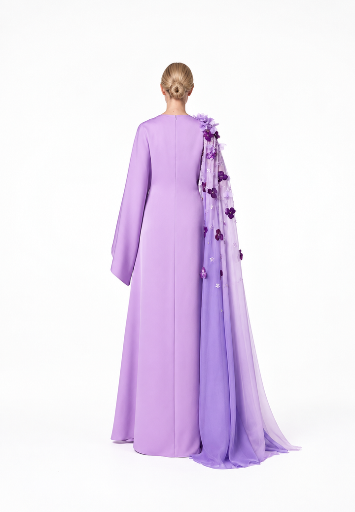 Long Sleeve Dress with Floral Appliqué Draped Cape - LILI