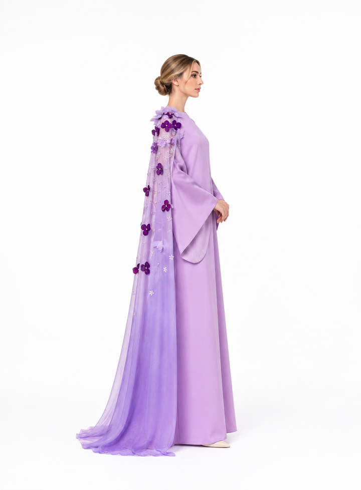 Long Sleeve Dress with Floral Appliqué Draped Cape - LILI
