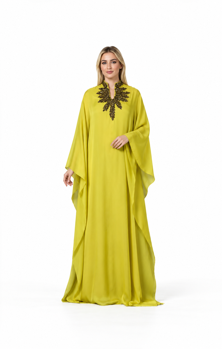 Olive Gold Dress with Embroidered Slit - Salma