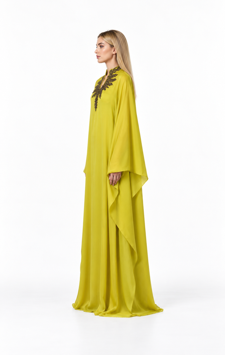 Olive Gold Dress with Embroidered Slit - Salma