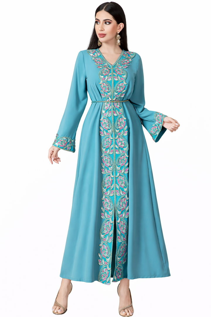 فستان ميدي غير متماثل بأكمام طويلة وياقة عالية - لون الزمرد