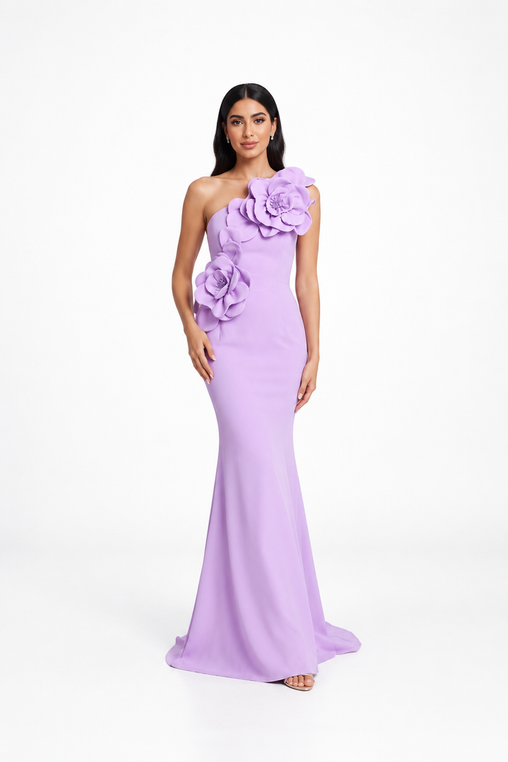 One-shoulder column dress with oversized floral appliqués – LOLIA