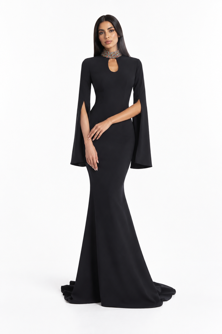 cape-sleeve mermaid gown with jeweled collar – NOCTURNE
