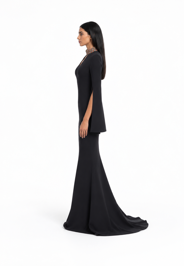 cape-sleeve mermaid gown with jeweled collar – NOCTURNE