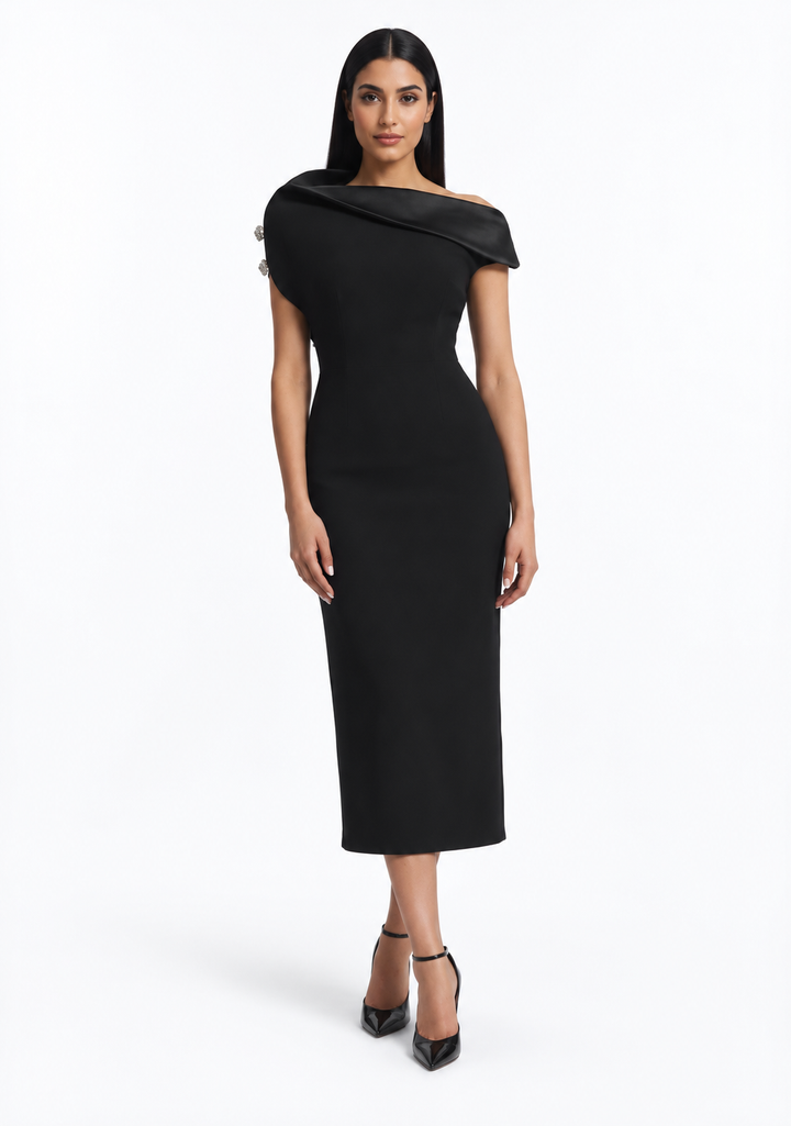 asymmetric off-shoulder midi dress with satin fold – SERIIYE