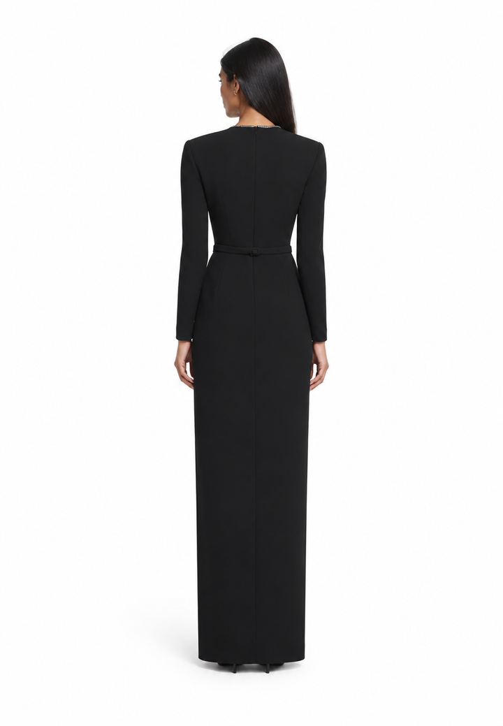 long-sleeve gown with jeweled neckline and slit – ASTRIED