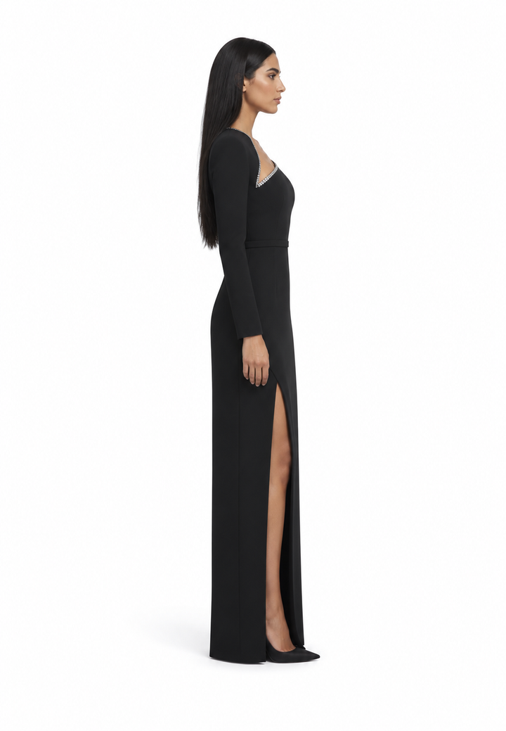 long-sleeve gown with jeweled neckline and slit – ASTRIED