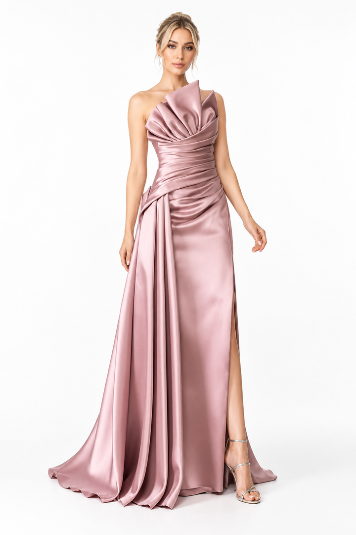 One-shoulder satin gown with sculpted bodice and draped slit – MAUVE