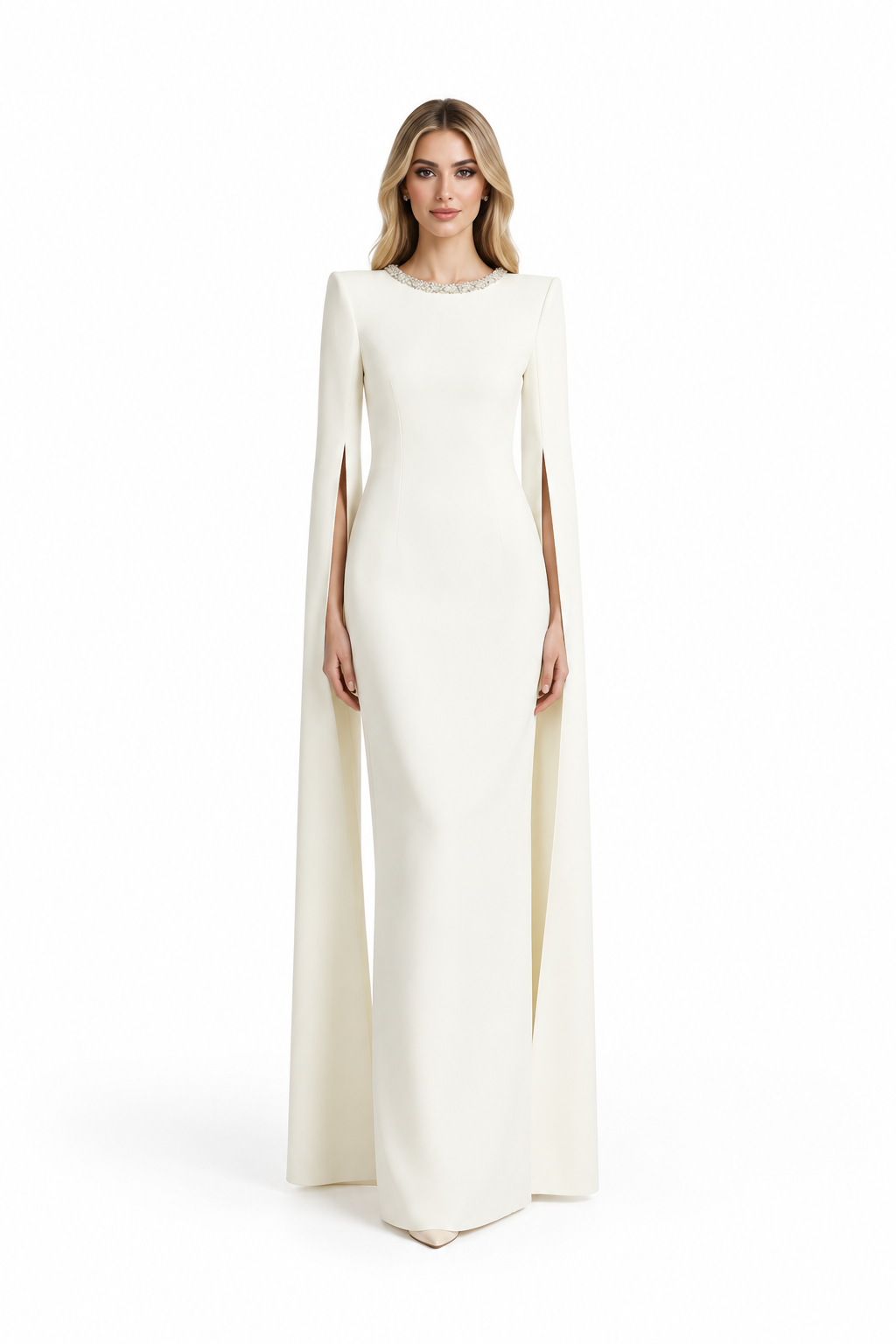 cape-sleeve column gown with crystal neckline – LUMINA