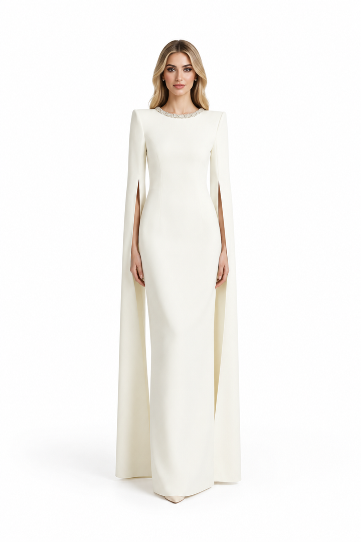 cape-sleeve column gown with crystal neckline – LUMINA
