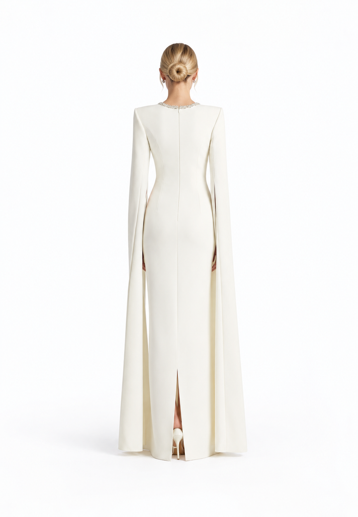 cape-sleeve column gown with crystal neckline – LUMINA
