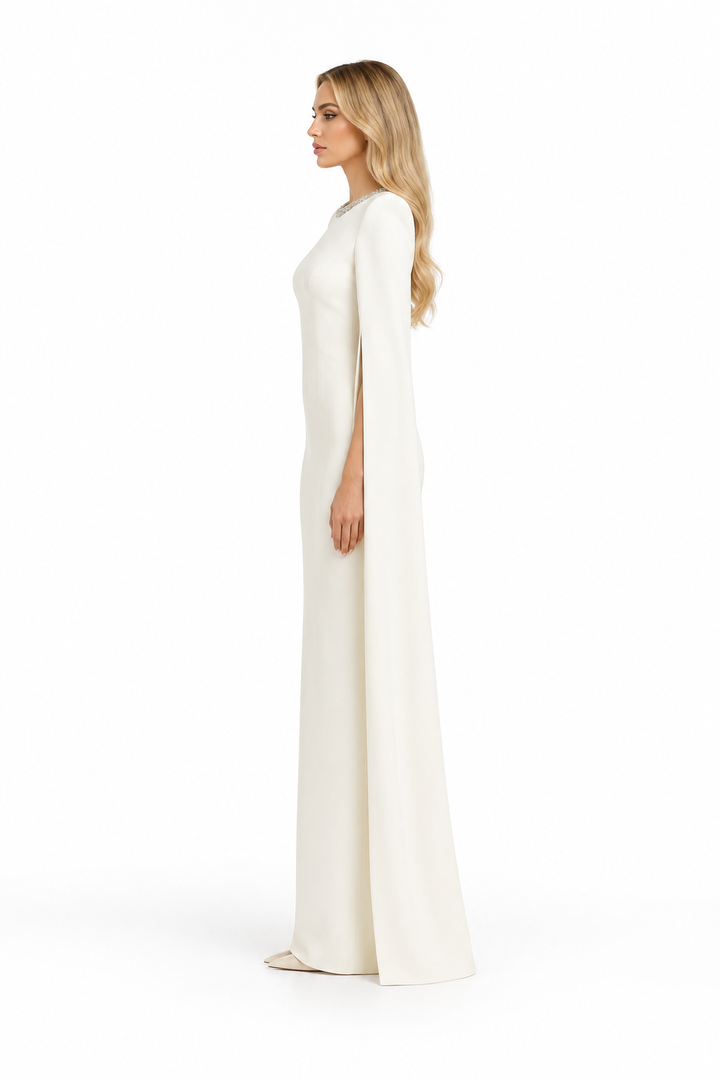 cape-sleeve column gown with crystal neckline – LUMINA