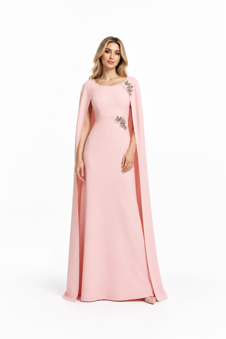 cape-sleeve gown with floral appliqué – AMEIRA