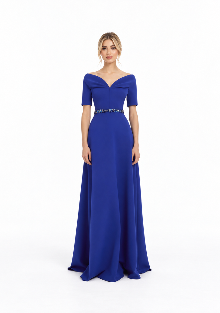 off-shoulder A-line gown with jeweled waist – AZIRA