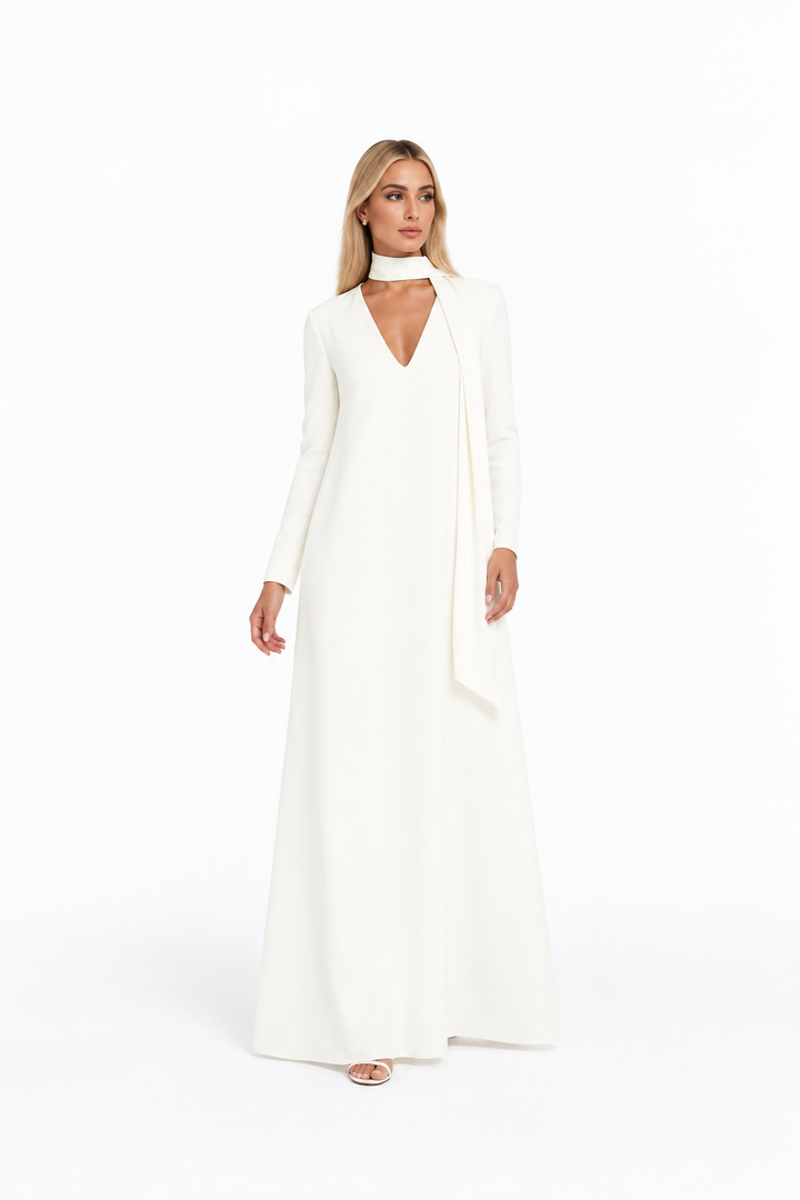 long-sleeve A-line gown with scarf neckline – MIERA