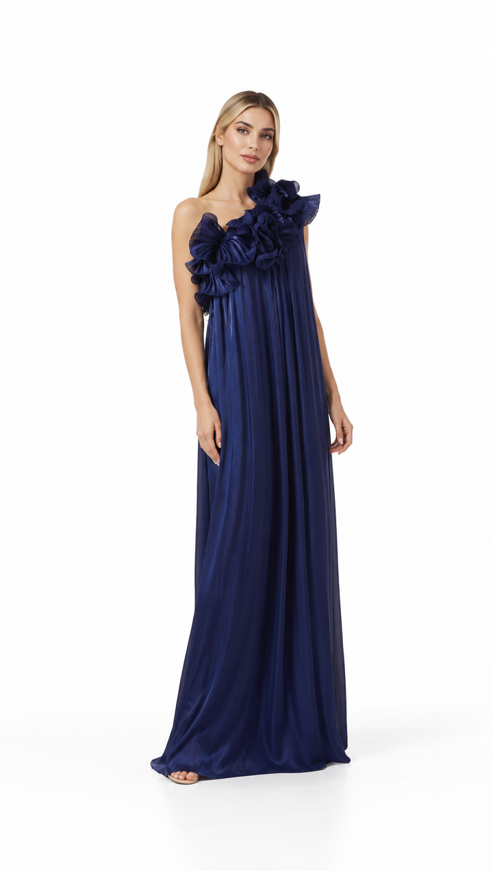 One-shoulder pleated gown with oversized floral detail – NAVIL