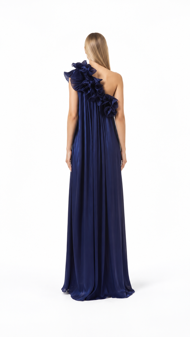 One-shoulder pleated gown with oversized floral detail – NAVIL