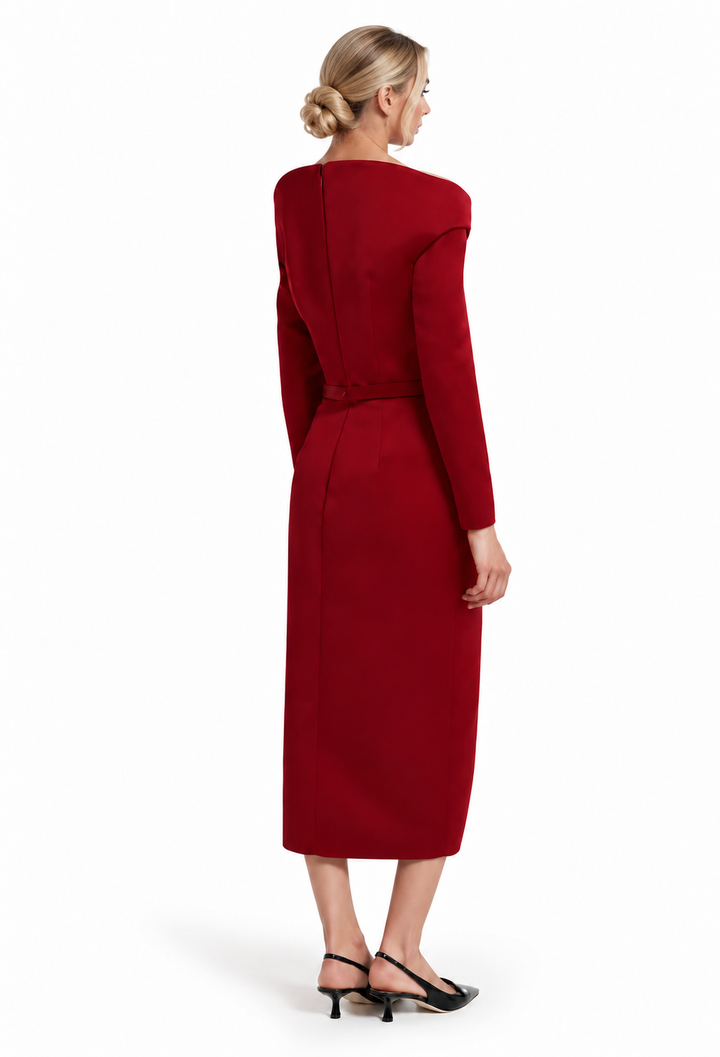 off-shoulder pencil dress with slit – SCARLET