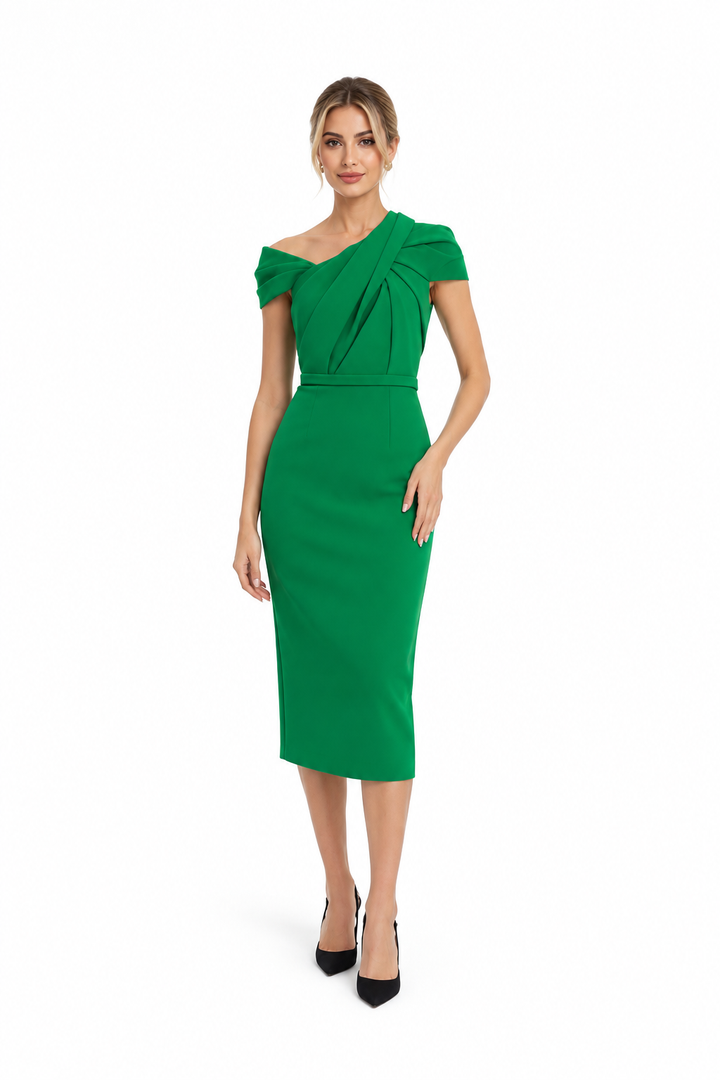 off-shoulder pencil dress with pleated bodice – ZEYILA