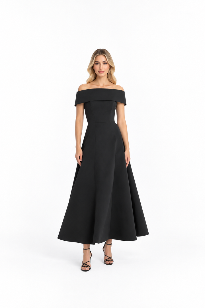 off-shoulder A-line gown – MIDNIGHT