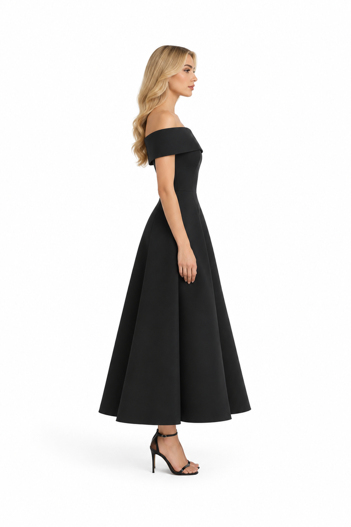 off-shoulder A-line gown – MIDNIGHT