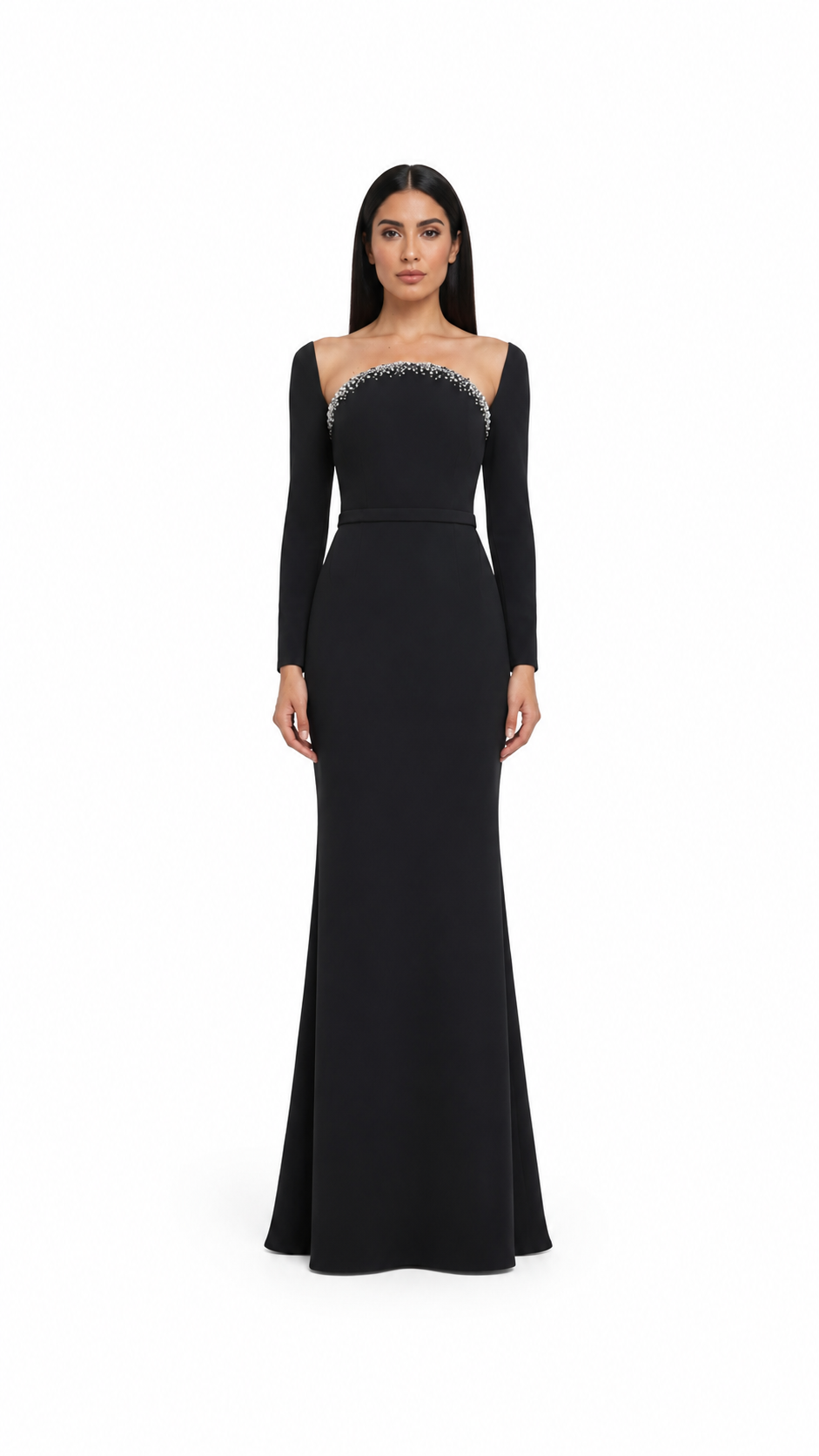 long-sleeve column gown with crystal-trimmed neckline – STELLA