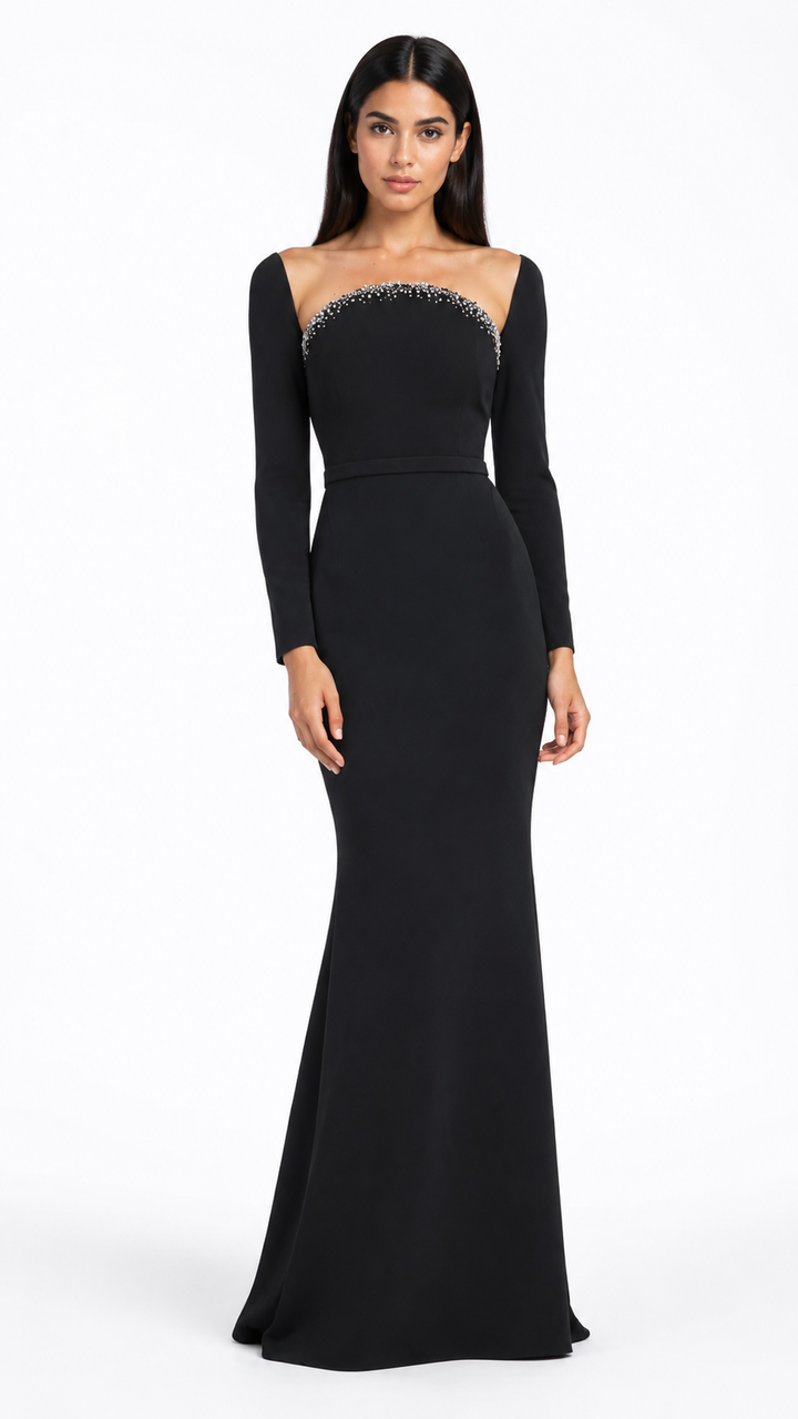long-sleeve column gown with crystal-trimmed neckline – STELLA