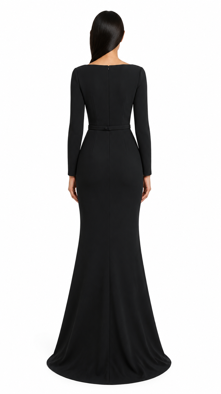 long-sleeve column gown with crystal-trimmed neckline – STELLA